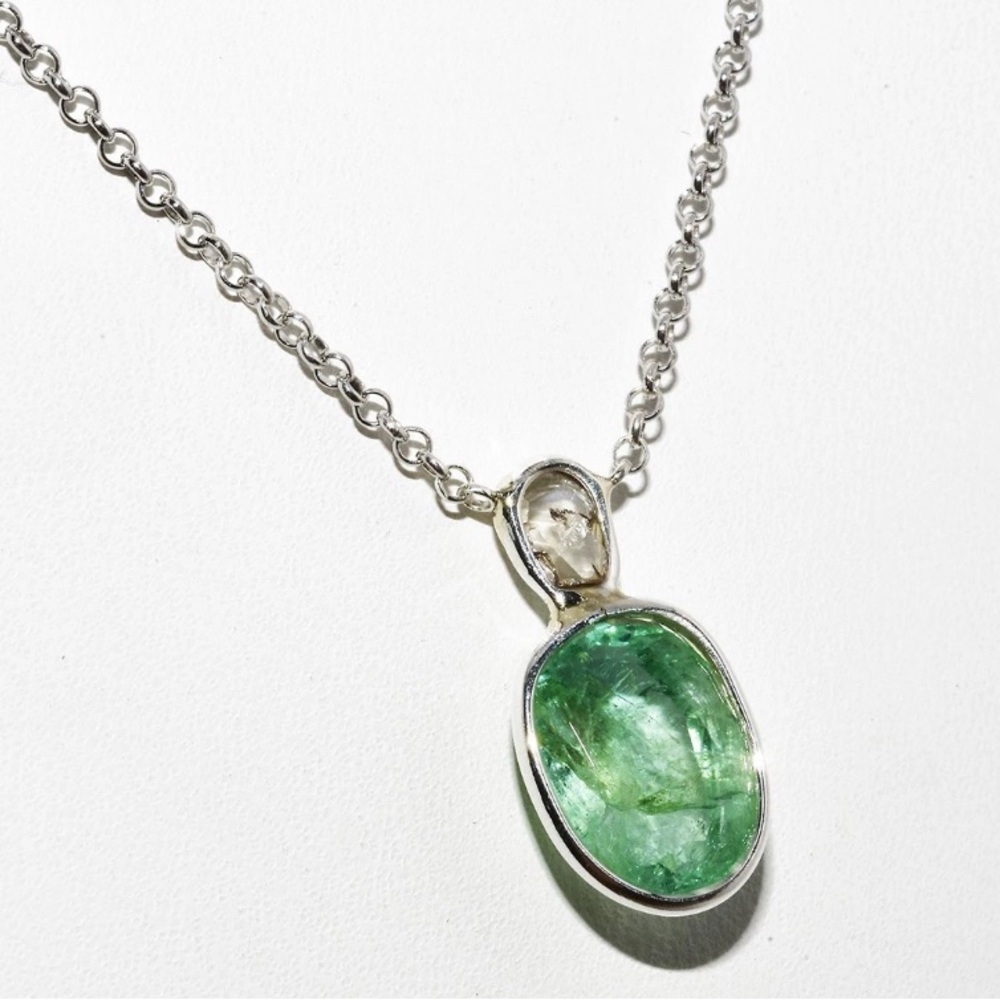 Natural Green Emerald & Fancy Diamond Gemstone .924 Sterling Silver Necklace